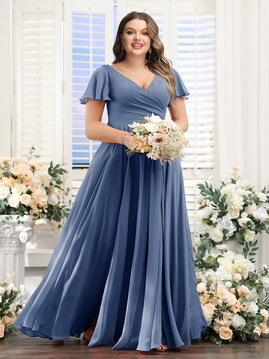 A-Line V-Neck Short Sleeves Split Side Ruched Chiffon Plus Size Bridesmaid Dresses