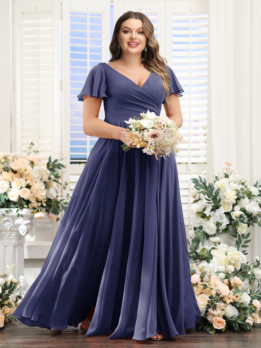 A-Line V-Neck Short Sleeves Split Side Ruched Chiffon Plus Size Bridesmaid Dresses