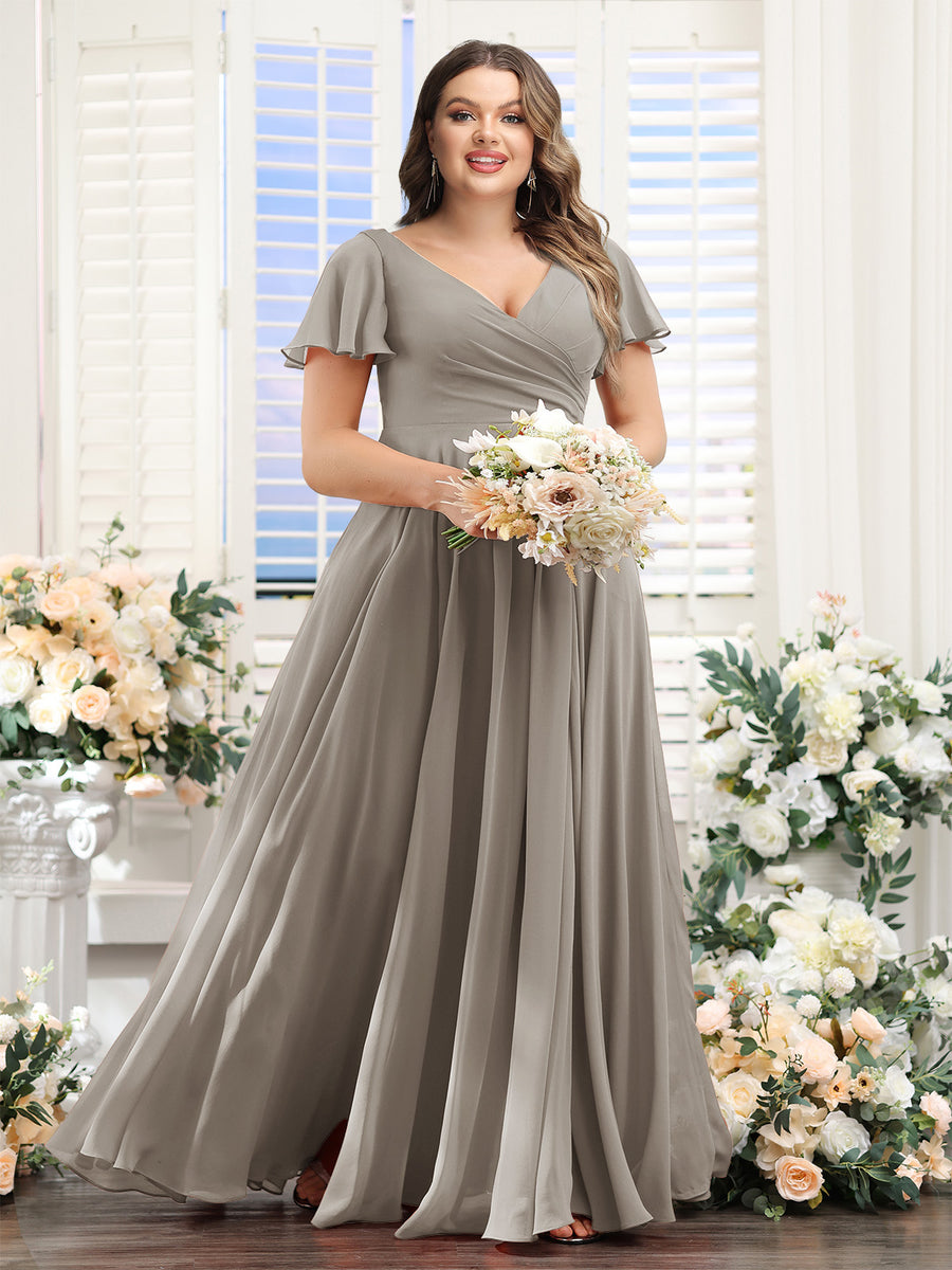A-Line V-Neck Short Sleeves Split Side Ruched Chiffon Plus Size Bridesmaid Dresses