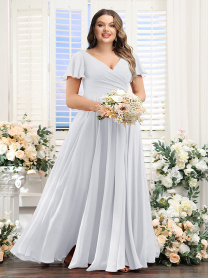A-Line V-Neck Short Sleeves Split Side Ruched Chiffon Plus Size Bridesmaid Dresses