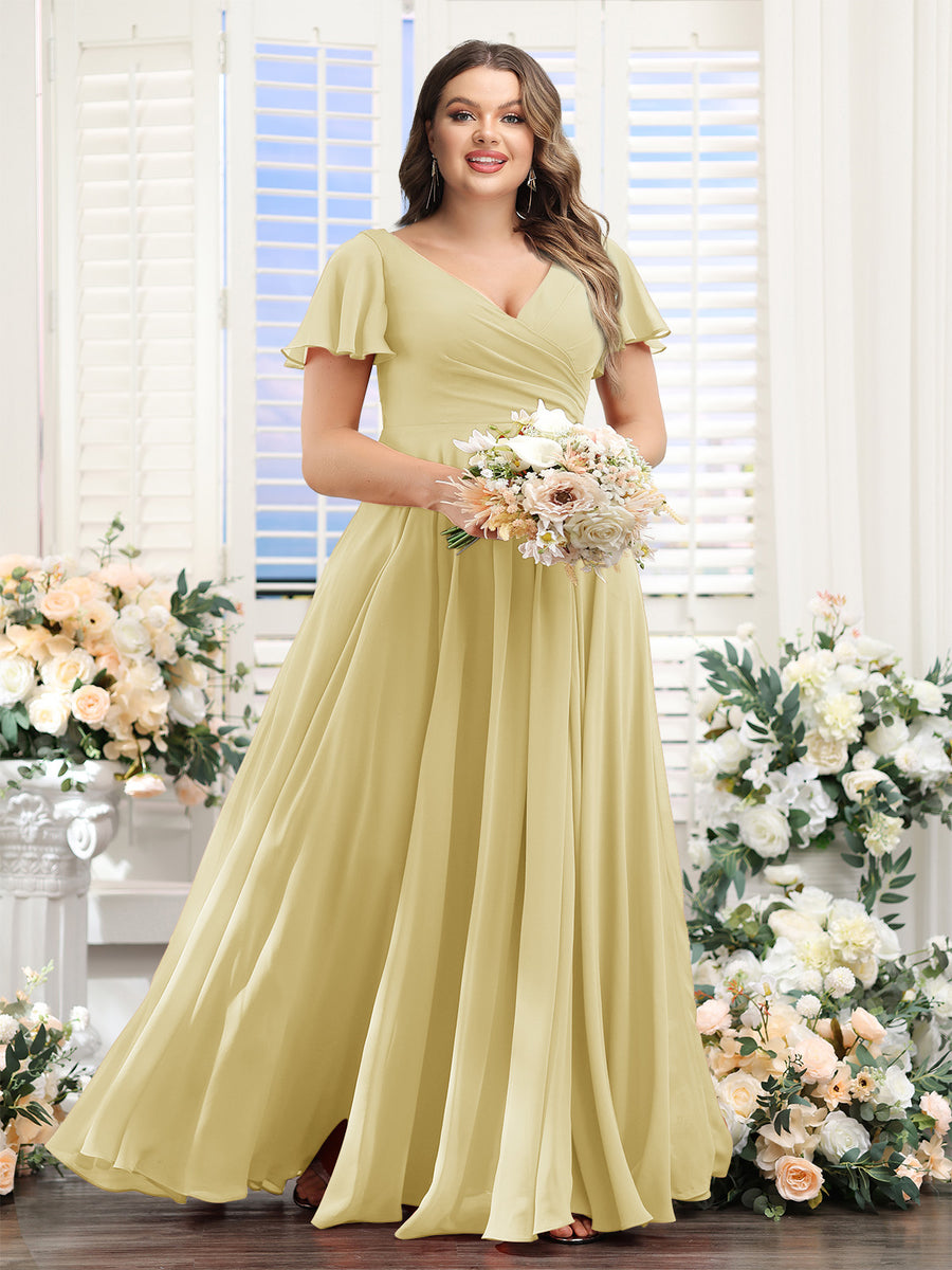 A-Line V-Neck Short Sleeves Split Side Ruched Chiffon Plus Size Bridesmaid Dresses