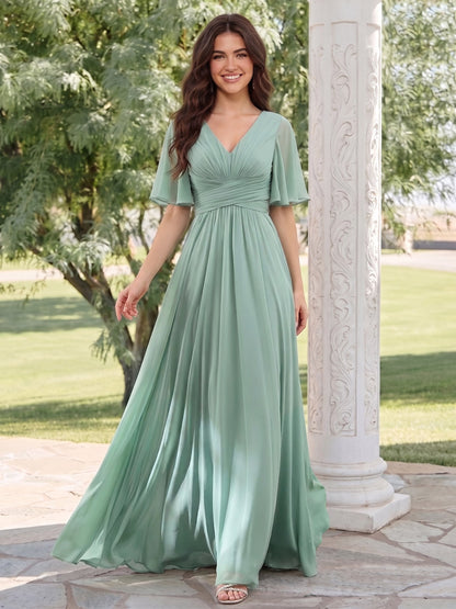 A-Line V-Neck Half Sleeves Split Side Chiffon Wedding Guest Dresses With Pockets