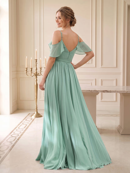 A-Line V-Neck Spaghetti Straps Chiffon Wedding Guest Dresses with Pockets