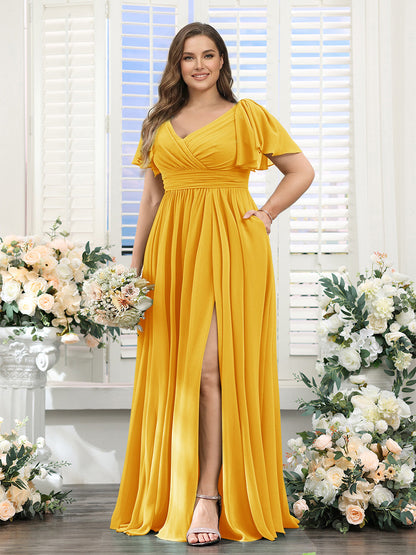 A-Line V-Neck Short Sleeves Split Side Chiffon Plus Size Bridesmaid Dresses with Pockets