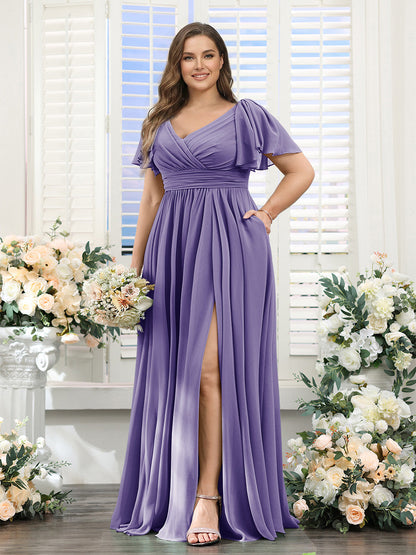 A-Line V-Neck Short Sleeves Split Side Chiffon Plus Size Bridesmaid Dresses with Pockets