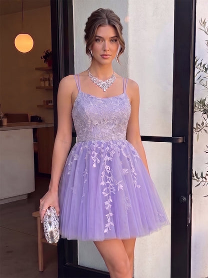A-Line/Princess Spaghetti Straps Sleeveless Short/Mini Semi Formal Dresses with Appliques