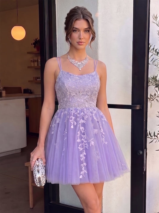 A-Line/Princess Spaghetti Straps Sleeveless Short/Mini Semi Formal Dresses with Appliques