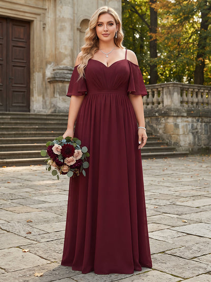 A-Line/Princess Chiffon Spaghetti Straps Half Sleeves Plus Size Bridesmaid Dresses With Ruffles