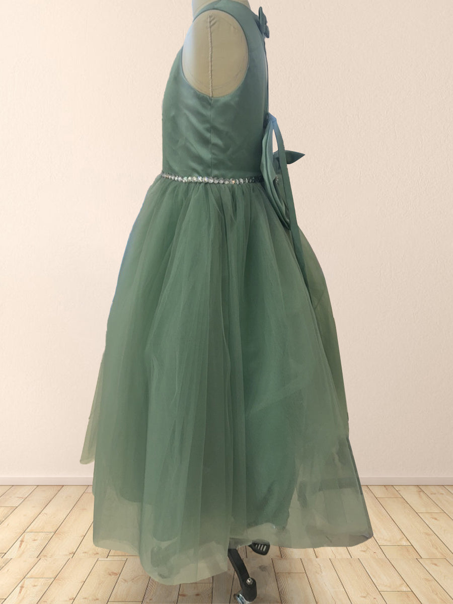 Crew Neck Tulle Flower Girl Dresses with Bowknot & Beading Waist