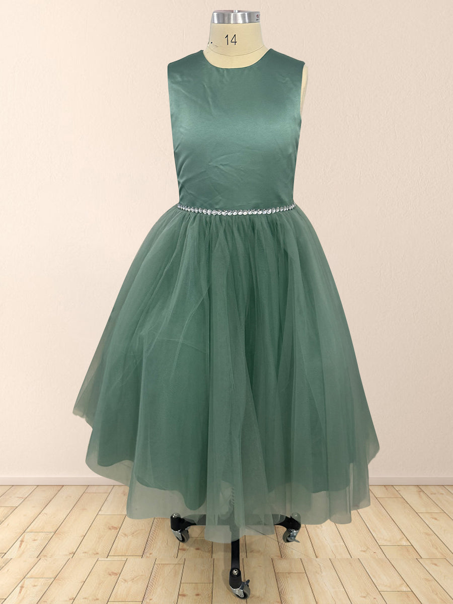 Crew Neck Tulle Flower Girl Dresses with Bowknot & Beading Waist