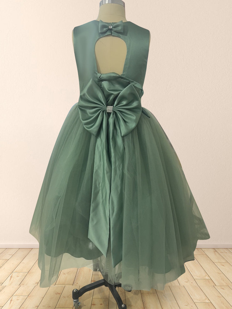Crew Neck Tulle Flower Girl Dresses with Bowknot & Beading Waist