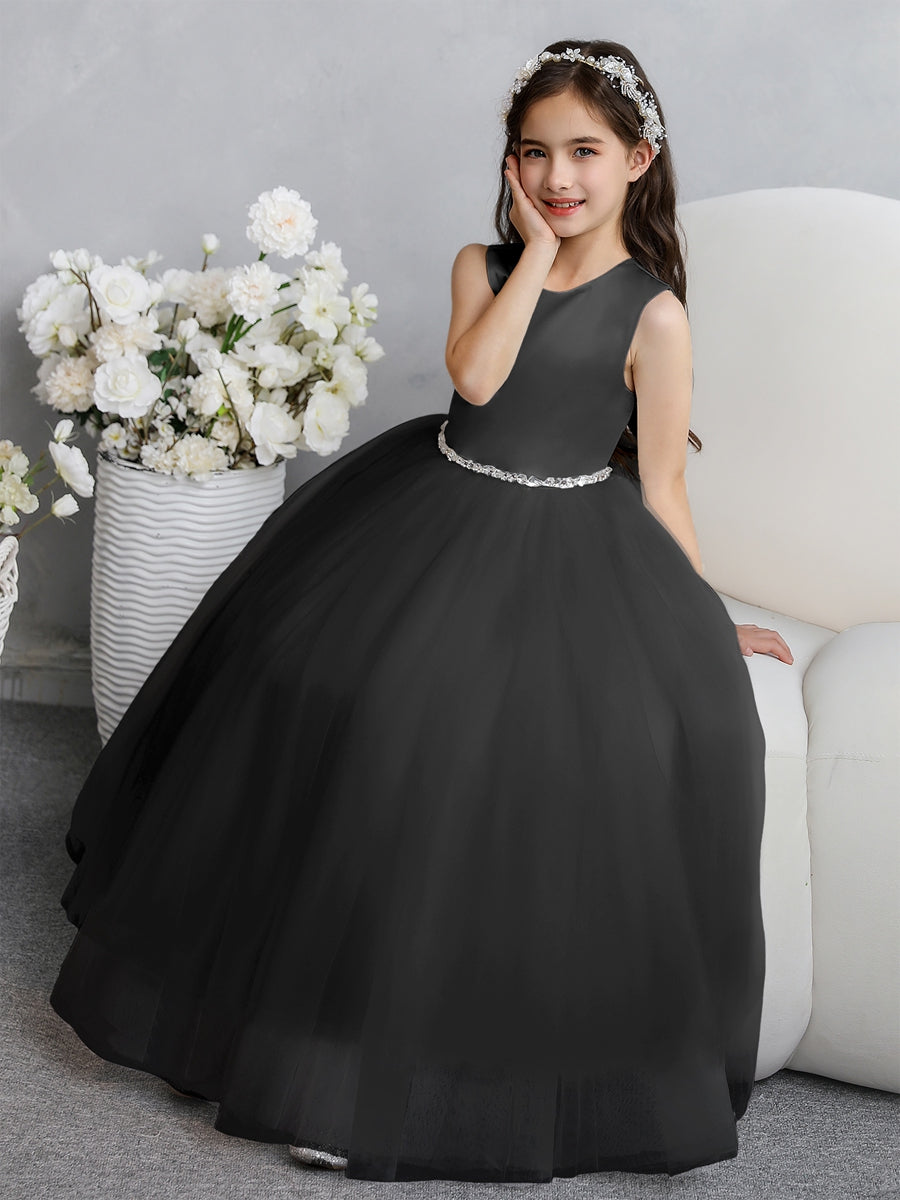 Crew Neck Tulle Flower Girl Dresses with Bowknot & Beading Waist