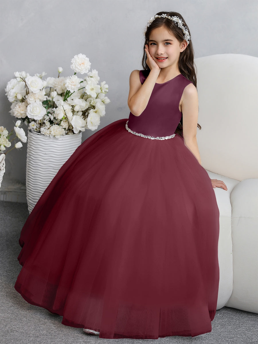 Crew Neck Tulle Flower Girl Dresses with Bowknot & Beading Waist