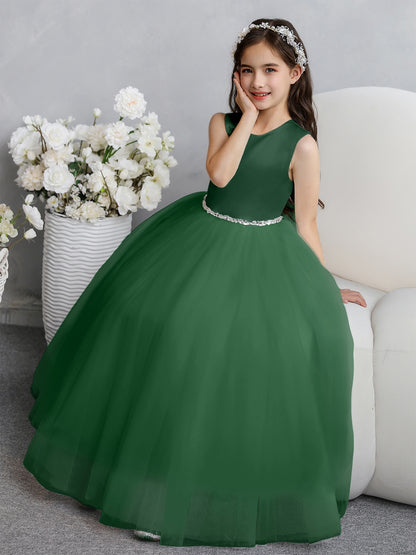 Crew Neck Tulle Flower Girl Dresses with Bowknot & Beading Waist