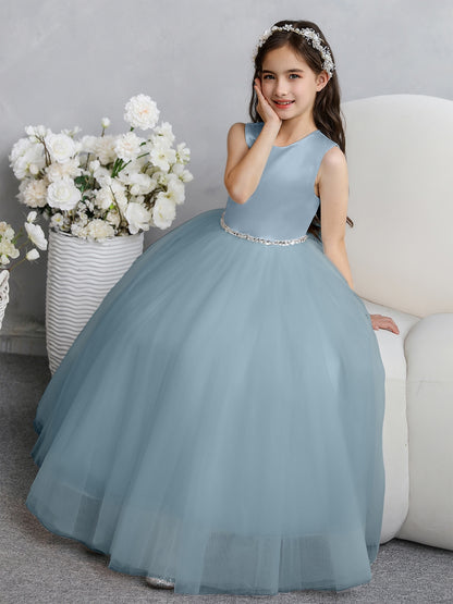 Crew Neck Tulle Flower Girl Dresses with Bowknot & Beading Waist