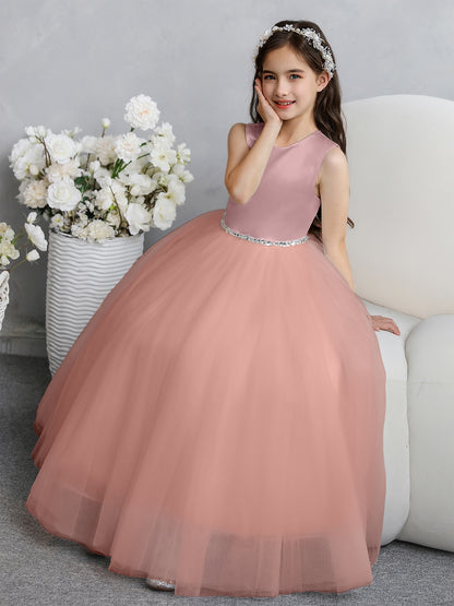 Crew Neck Tulle Flower Girl Dresses with Bowknot & Beading Waist