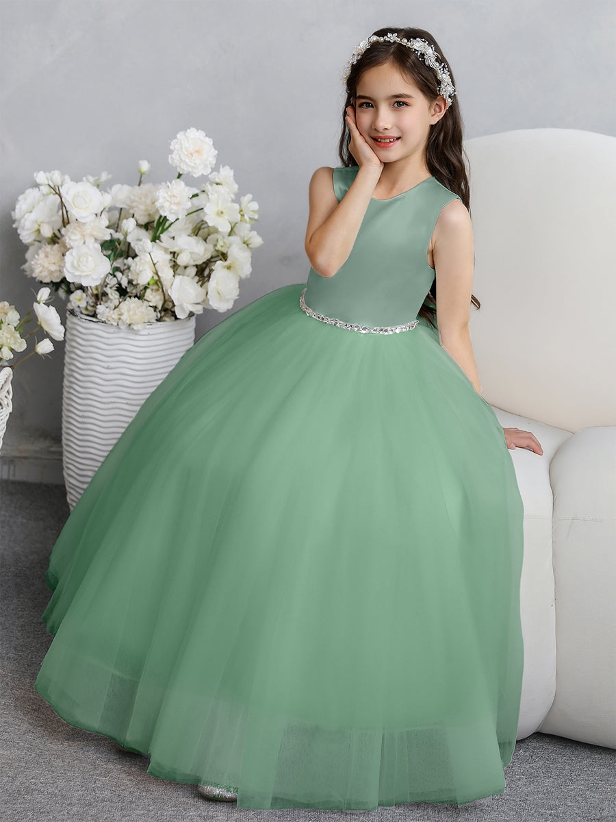 Crew Neck Tulle Flower Girl Dresses with Bowknot & Beading Waist