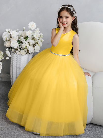 Crew Neck Tulle Flower Girl Dresses with Bowknot & Beading Waist