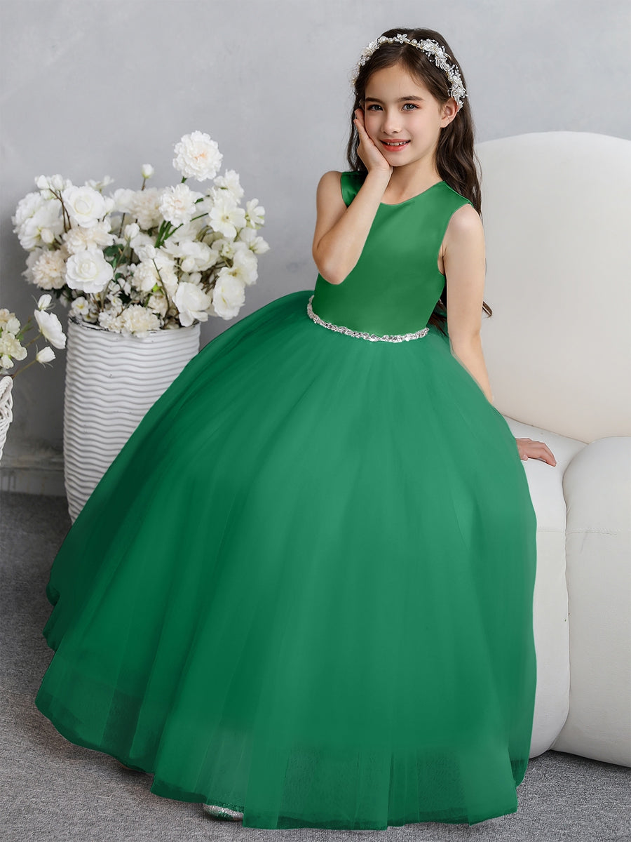 Crew Neck Tulle Flower Girl Dresses with Bowknot & Beading Waist