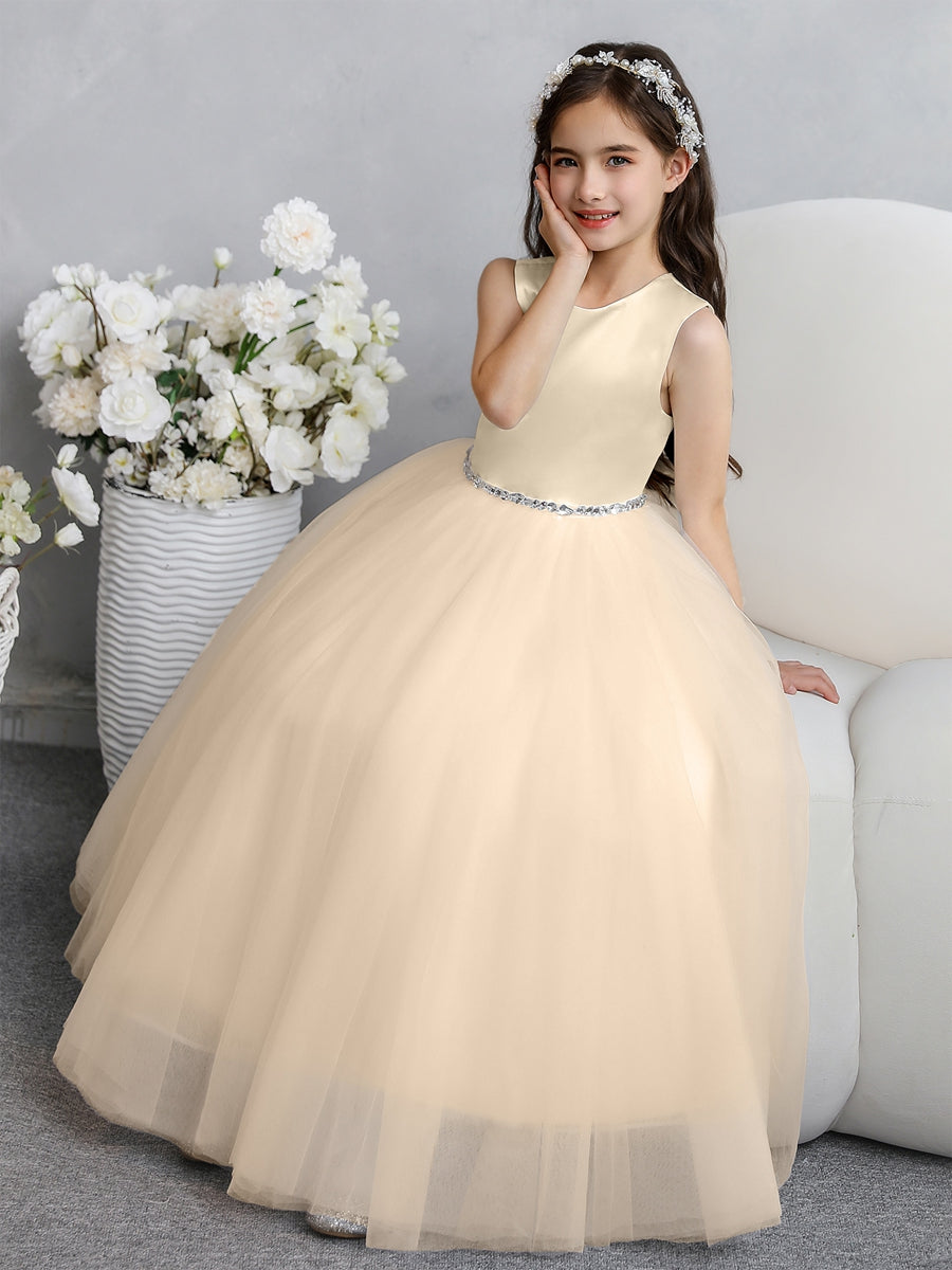 Crew Neck Tulle Flower Girl Dresses with Bowknot & Beading Waist