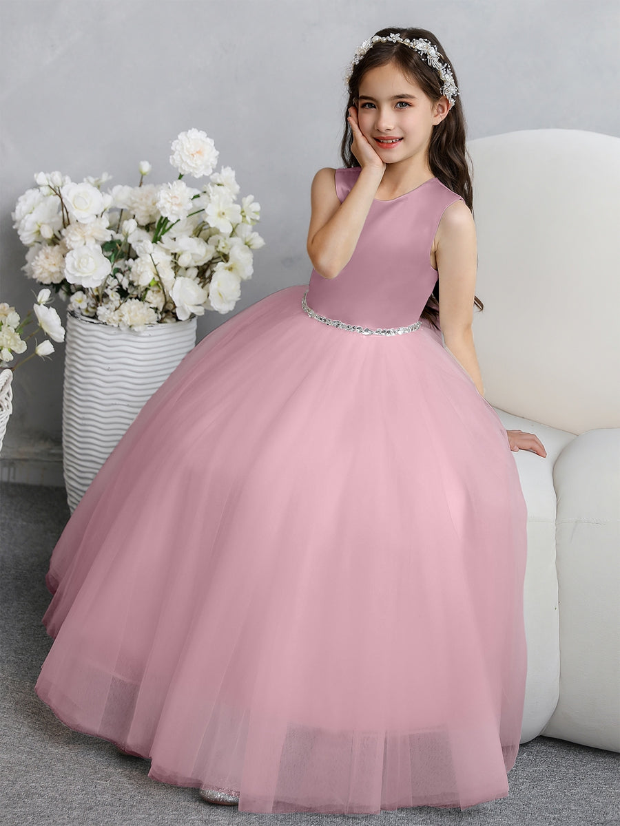 Crew Neck Tulle Flower Girl Dresses with Bowknot & Beading Waist