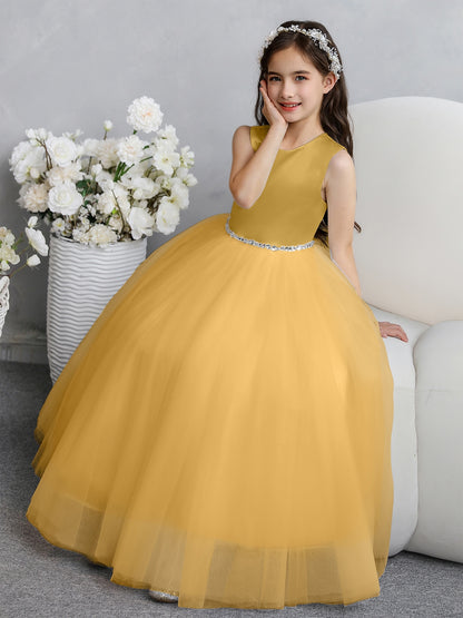 Crew Neck Tulle Flower Girl Dresses with Bowknot & Beading Waist