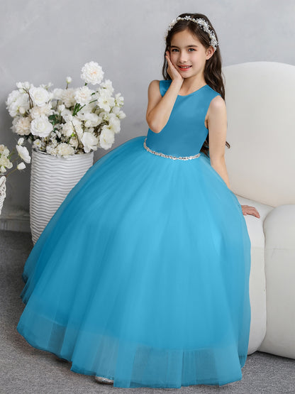 Crew Neck Tulle Flower Girl Dresses with Bowknot & Beading Waist
