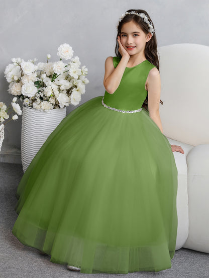 Crew Neck Tulle Flower Girl Dresses with Bowknot & Beading Waist
