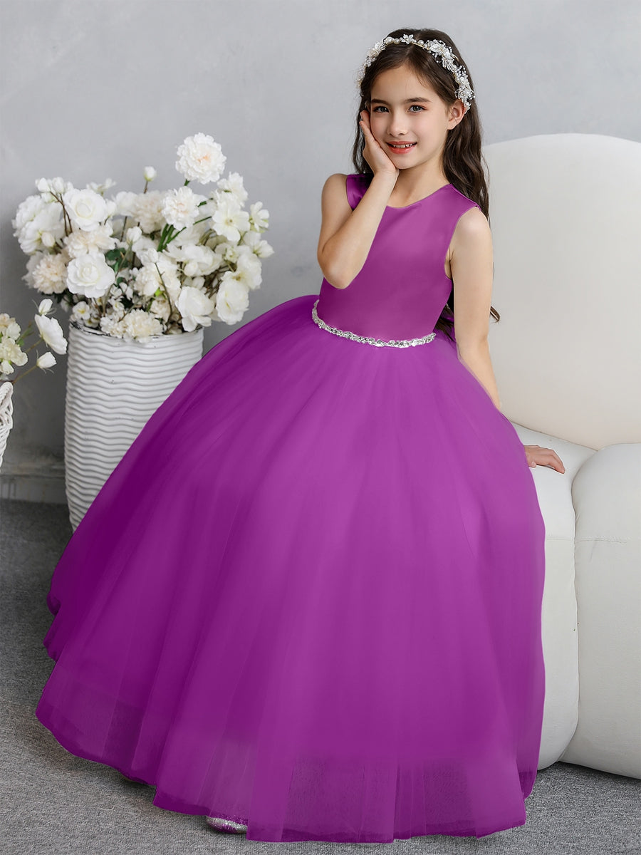 Crew Neck Tulle Flower Girl Dresses with Bowknot & Beading Waist