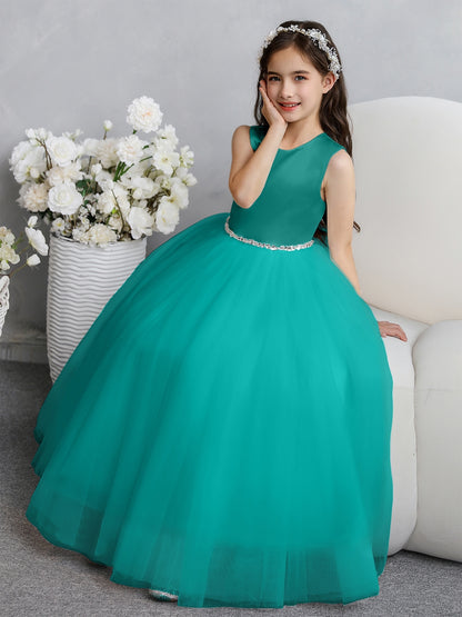 Crew Neck Tulle Flower Girl Dresses with Bowknot & Beading Waist