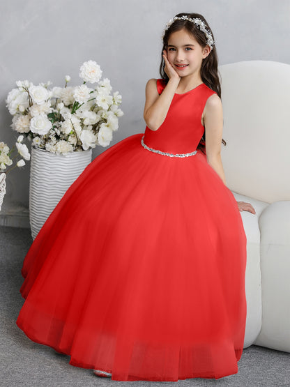 Crew Neck Tulle Flower Girl Dresses with Bowknot & Beading Waist