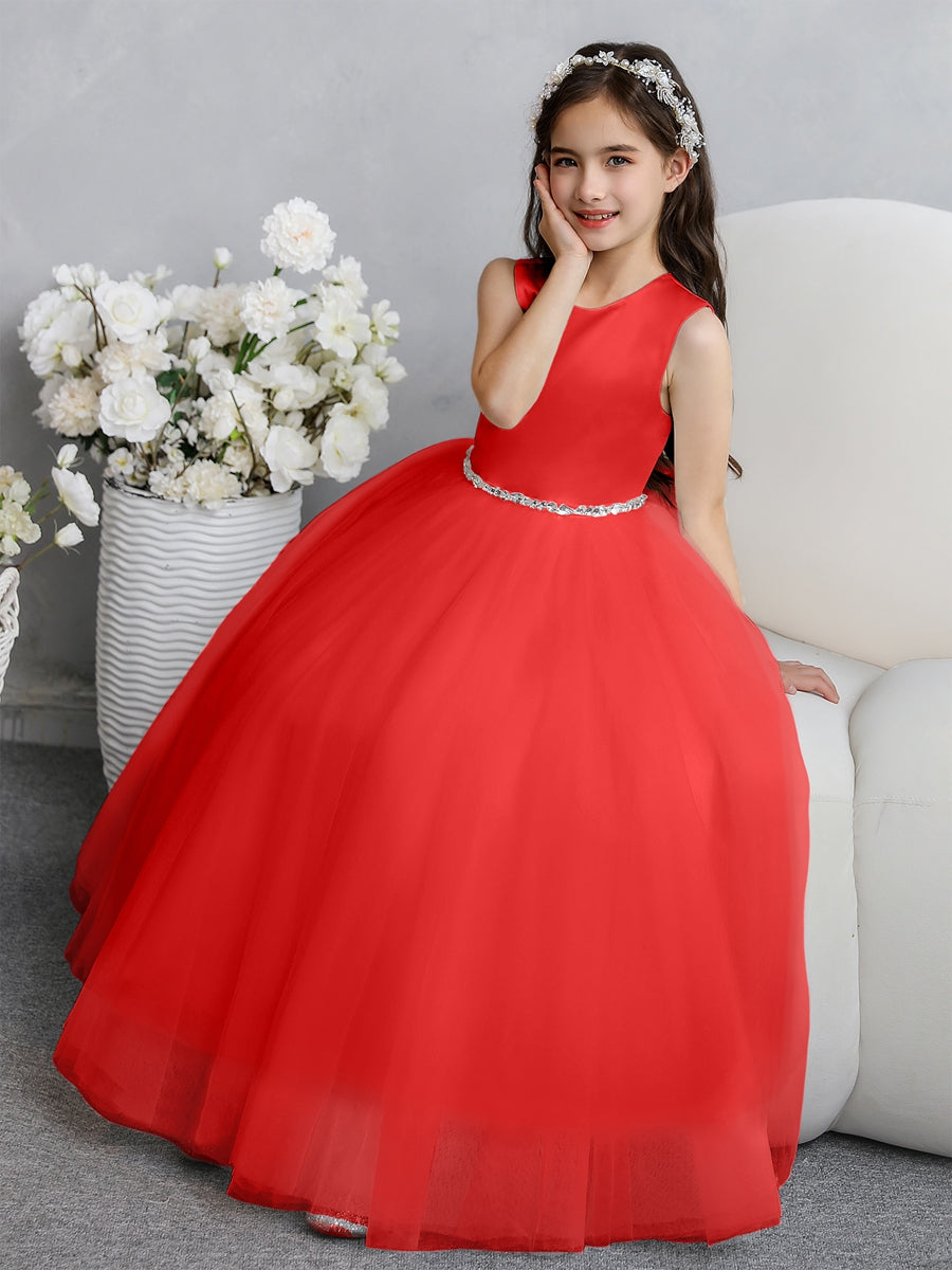 Crew Neck Tulle Flower Girl Dresses with Bowknot & Beading Waist