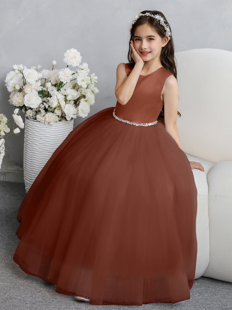Crew Neck Tulle Flower Girl Dresses with Bowknot & Beading Waist
