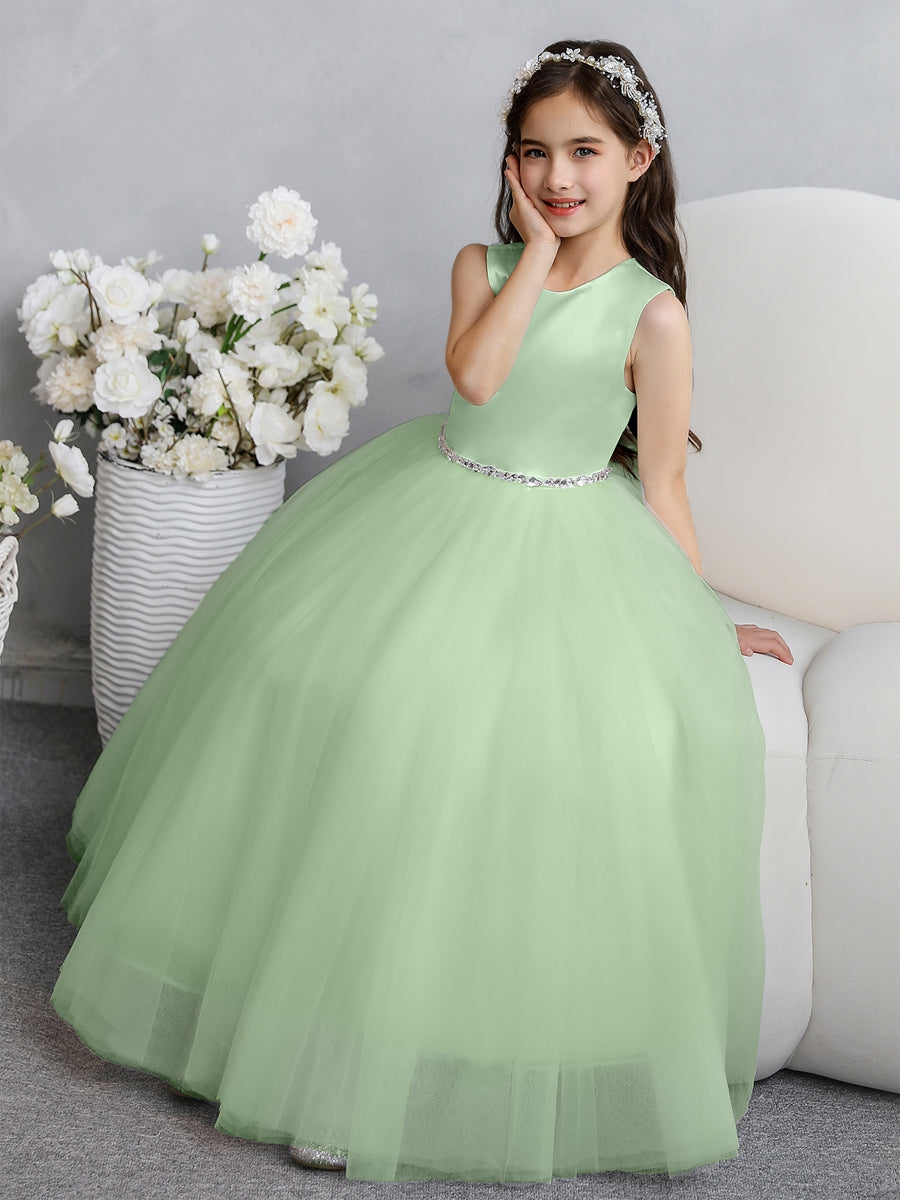 Crew Neck Tulle Flower Girl Dresses with Bowknot & Beading Waist