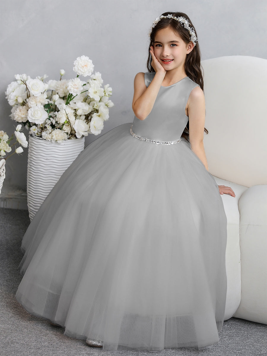 Crew Neck Tulle Flower Girl Dresses with Bowknot & Beading Waist