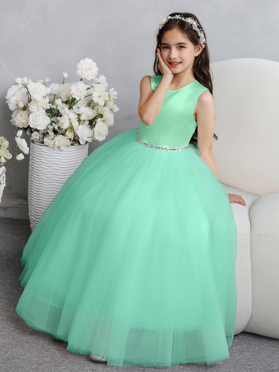 Crew Neck Tulle Flower Girl Dresses with Bowknot & Beading Waist