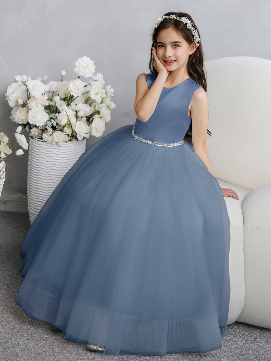 Crew Neck Tulle Flower Girl Dresses with Bowknot & Beading Waist