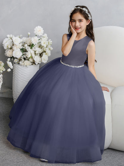Crew Neck Tulle Flower Girl Dresses with Bowknot & Beading Waist