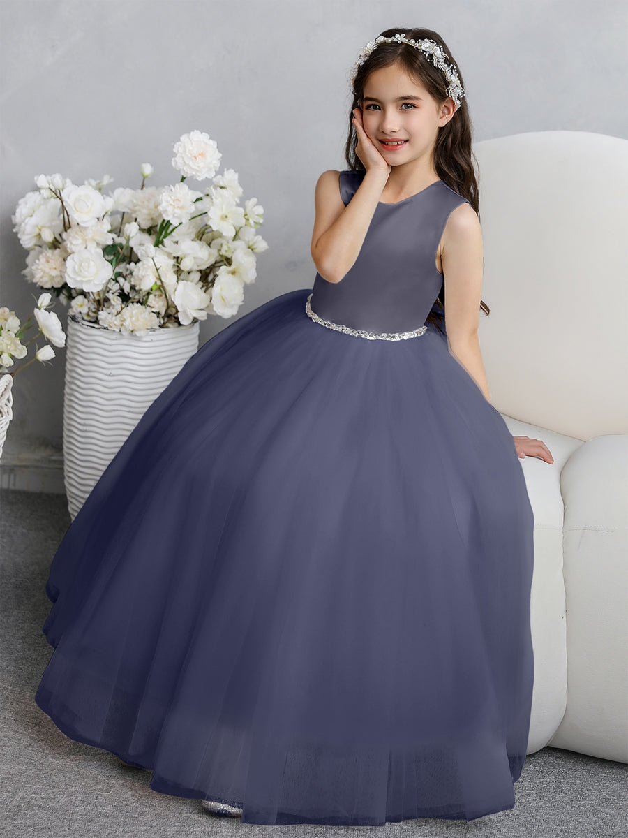 Crew Neck Tulle Flower Girl Dresses with Bowknot & Beading Waist