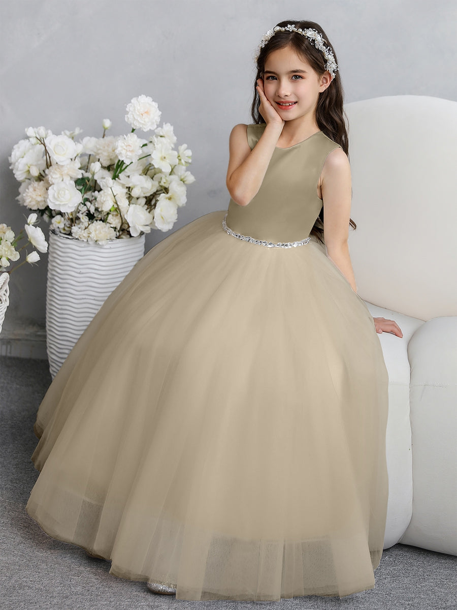 Crew Neck Tulle Flower Girl Dresses with Bowknot & Beading Waist