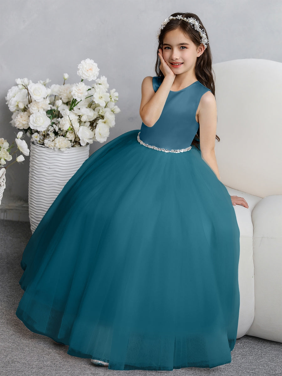 Crew Neck Tulle Flower Girl Dresses with Bowknot & Beading Waist