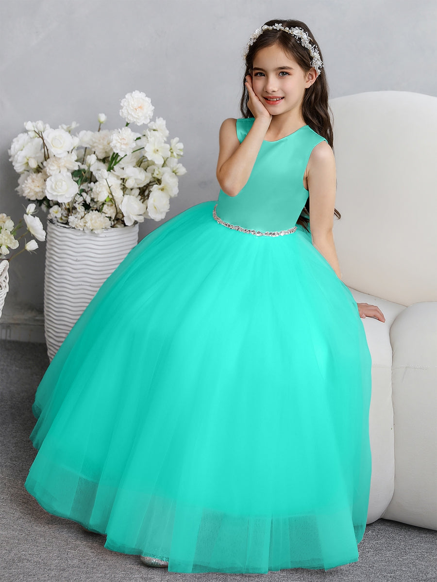 Crew Neck Tulle Flower Girl Dresses with Bowknot & Beading Waist