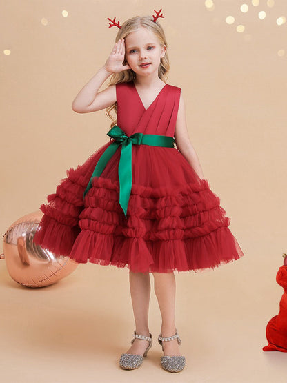 Ball Gown V-Neck Sleeveless Knee-Length Ruched Christmas Dresses for Girls with Belt