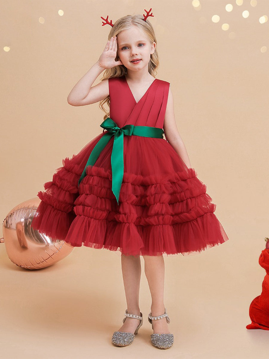 Ball Gown V-Neck Sleeveless Knee-Length Ruched Christmas Dresses for Girls with Belt