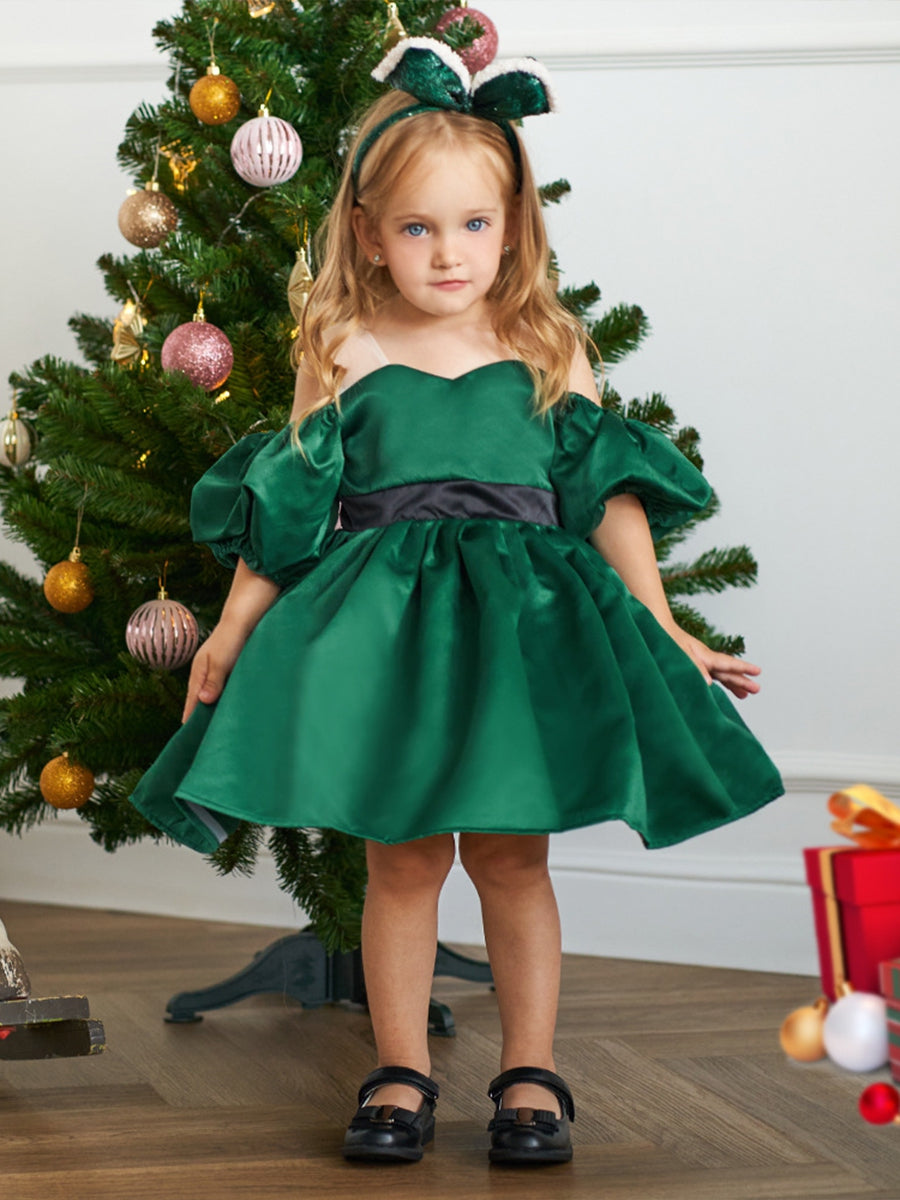 Ball Gown Off-the-Shoulder Short Sleeves Satin Christmas Dresses for Girls with Belt
