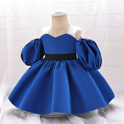 Ball Gown Off-the-Shoulder Short Sleeves Satin Christmas Dresses for Girls with Belt