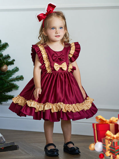 Tiered Ball Gown Scoop Sleeveless Ruched Satin Christmas Dresses with Bow(s)