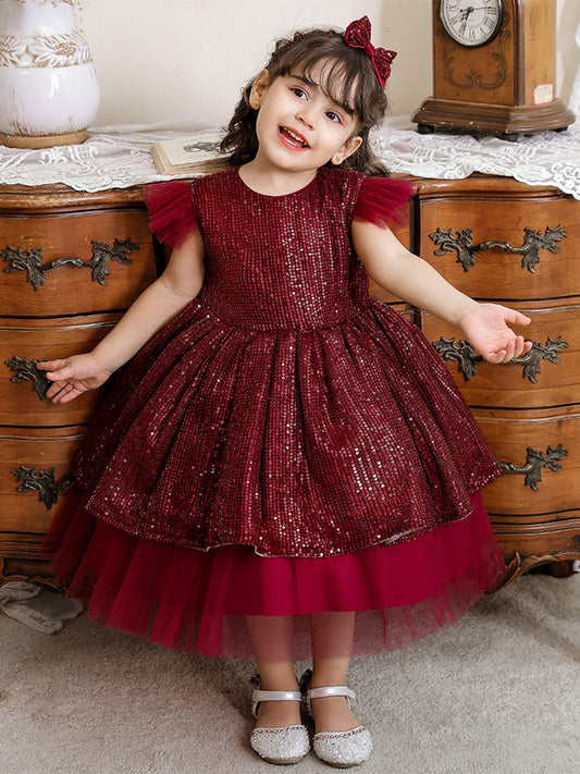 A-Line/Princess Scoop Flying Sleeves Flower Girl Dresses with Sequins