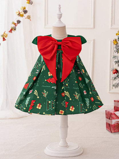 Ball Gown Scoop Puff Sleeves Christmas Dresses for Girls with Bow Knot