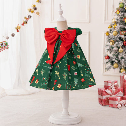 Ball Gown Scoop Puff Sleeves Christmas Dresses for Girls with Bow Knot
